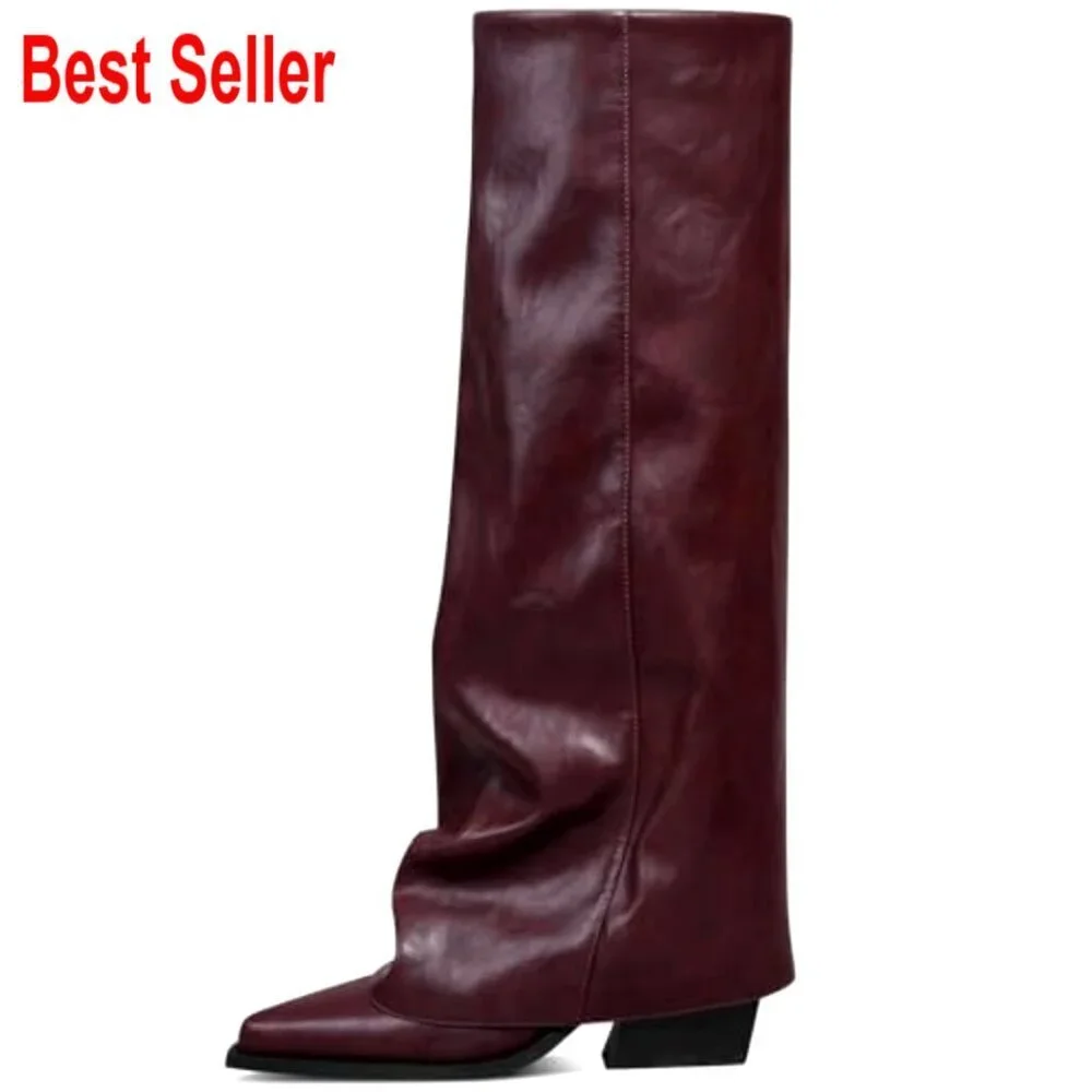 Faux Leather Over the Knee Boots with Chunky Heel and Pointed Toe